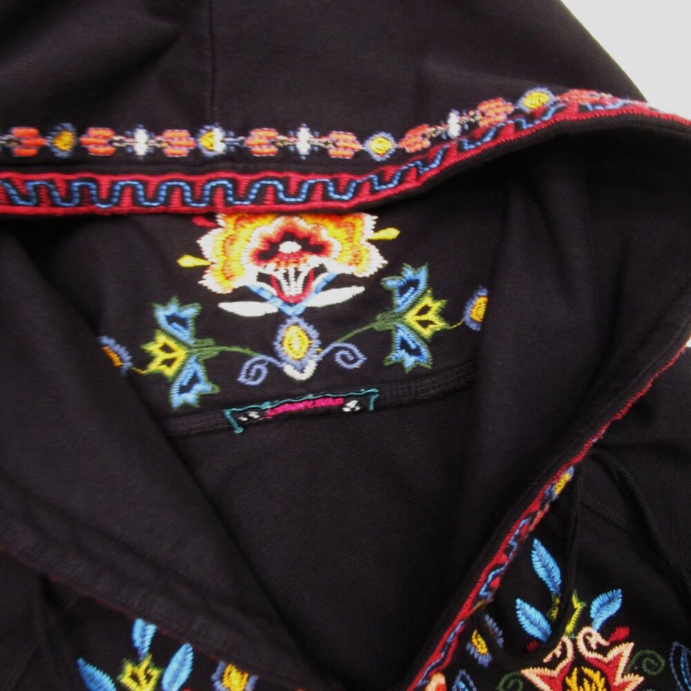 Black Hoodie Full Zip Embroidery Boho Kangaroo Pocket - Picture 8 of 12
